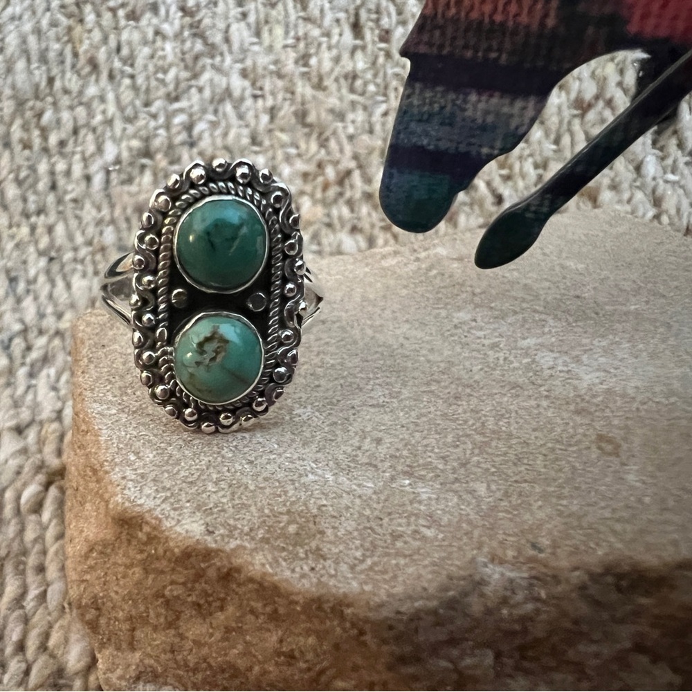 ❤️ Kingman Turquoise 2 Stone 925 Sterling Decorative Sz 6.75 Navajo Ring 3.8 Gm - Picture 6 of 17